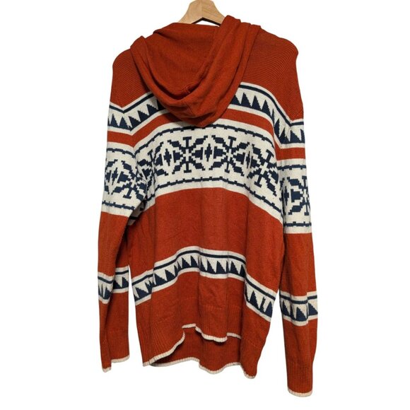 American Eagle Mens Large Rust Orange Aztec Knit Hoodie Sweater Blue White *FLAW - Picture 2 of 7